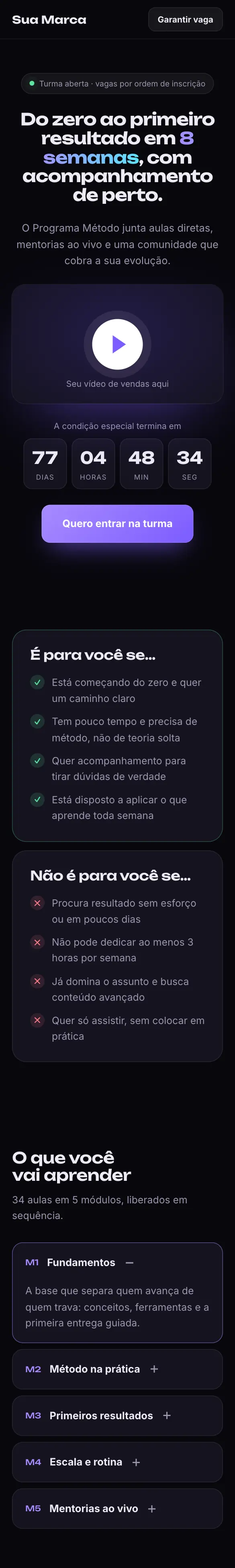 Página Cursos e mentorias